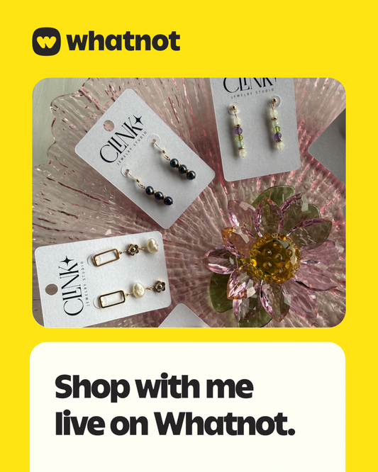 shop with me on whatnot graphic with whatnot logo and three pair of earrings on a pink plate.