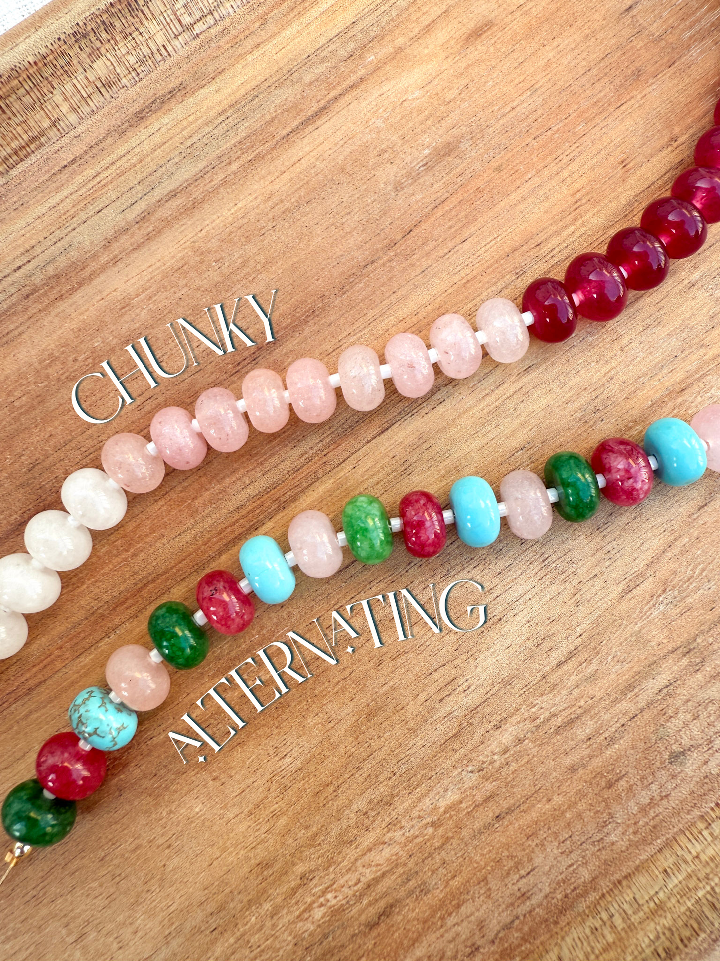 Colorful beaded necklaces on a wooden surface with 'Chunky' and 'Alternating' text.