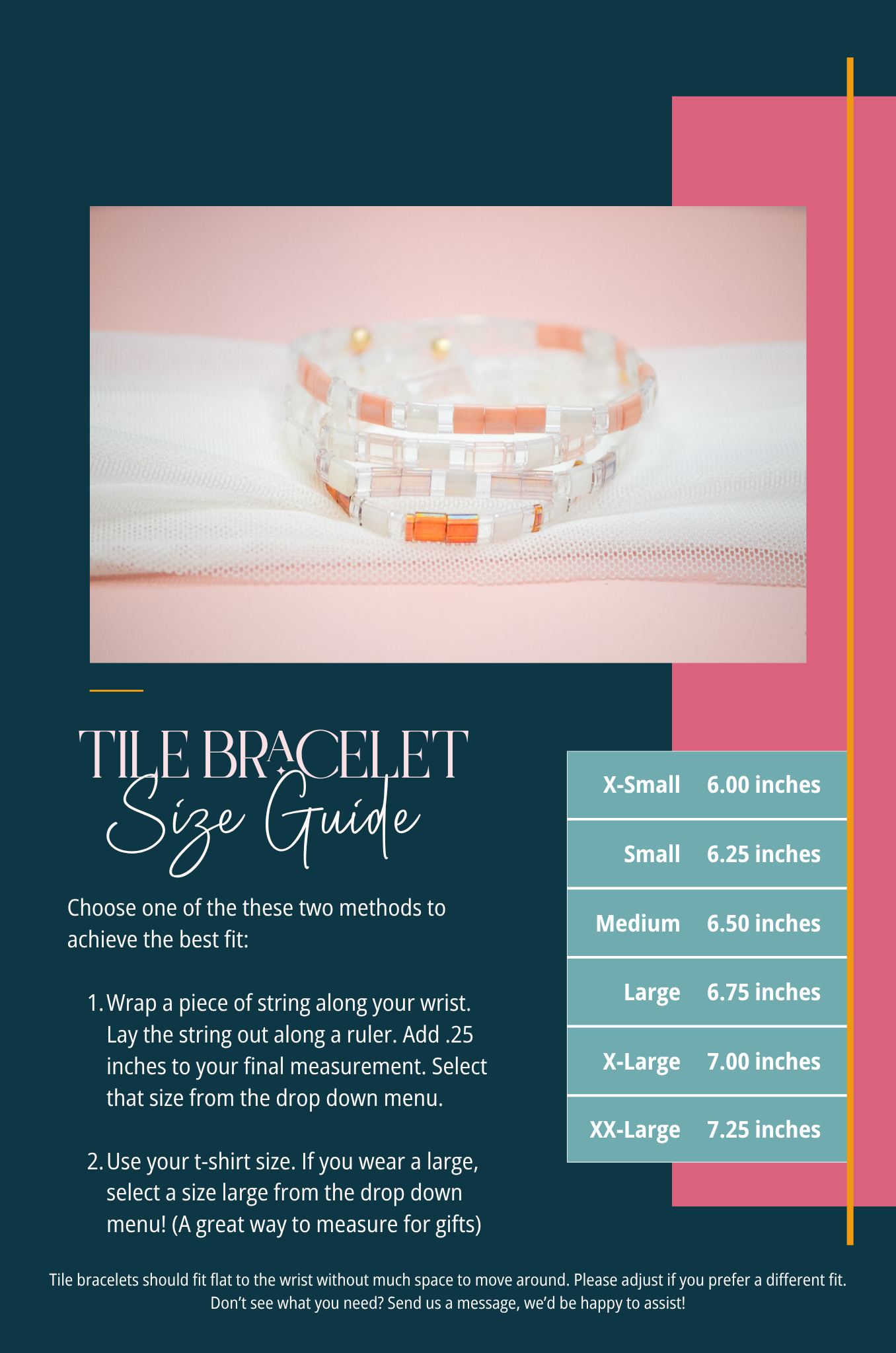 Tile bracelet size guide with measurement chart on a pink and blue background
