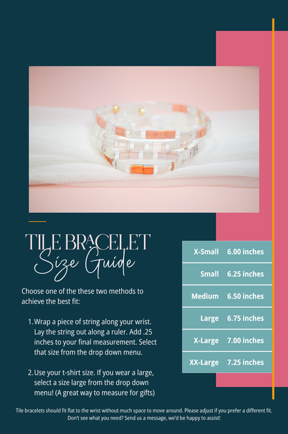 Tile bracelet size guide with measurement chart on a pink and blue background