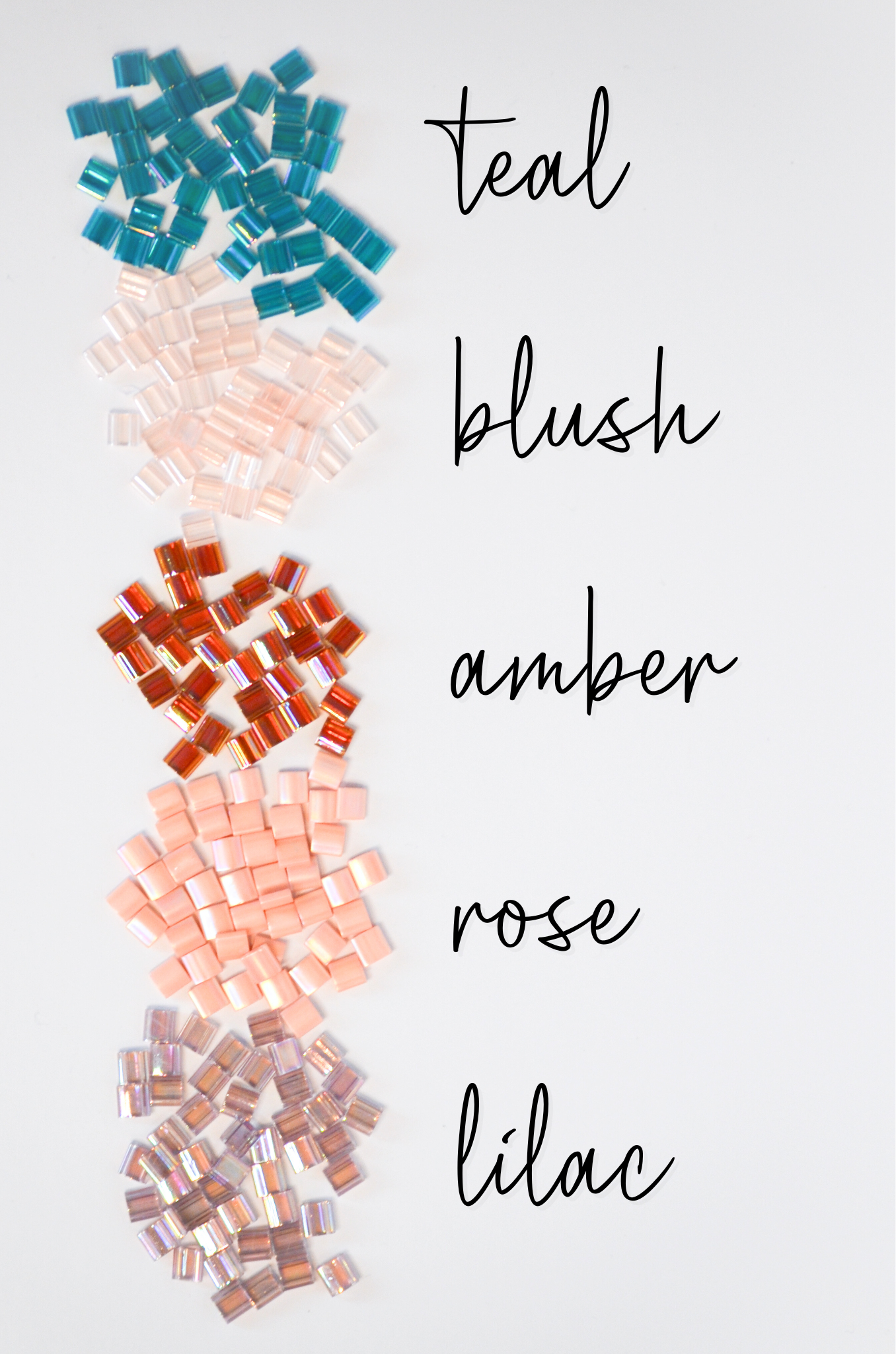 Bead color swatches labeled 'teal', 'blush', 'amber', 'rose', and 'lilac' with corresponding color samples.